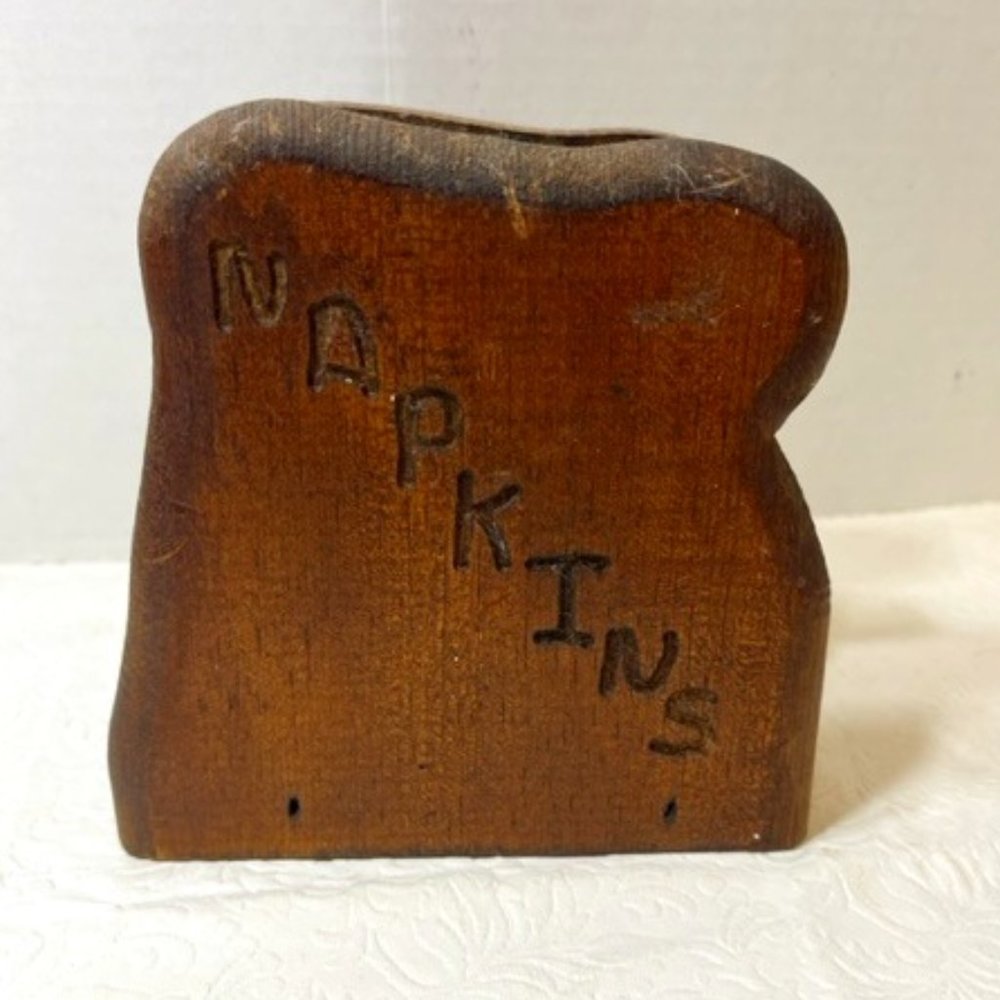 VTG Rustic Hand Carved Wooden Napkin Holder Dark Brown 5.5x3.25x5.5"